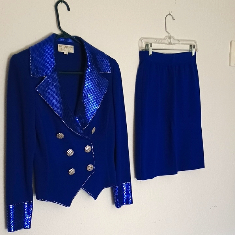 St. John Royal Blue Sequin Blazer and Skirt Ensemble